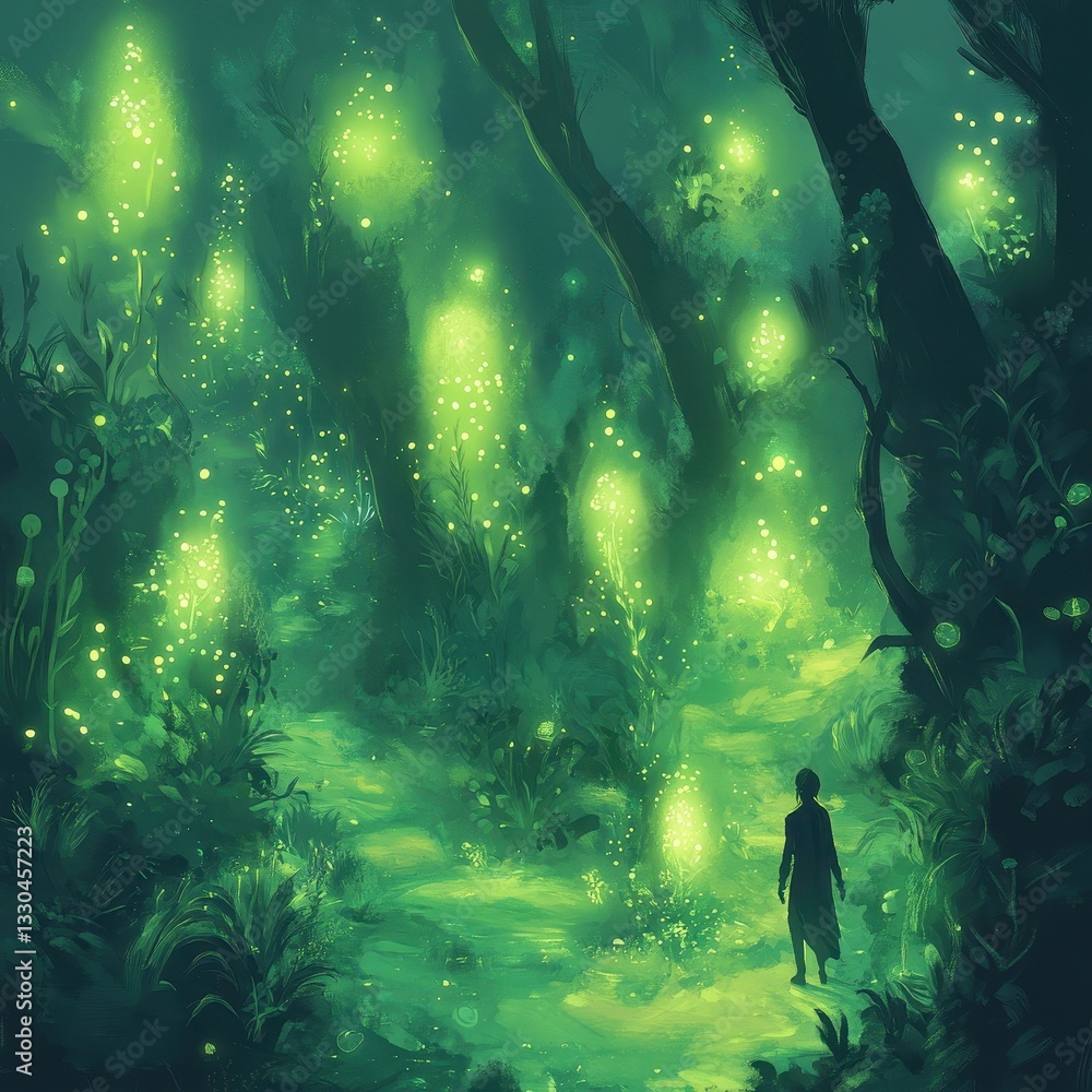 Fototapeta premium A person walks along a glowing path within a lush green forest