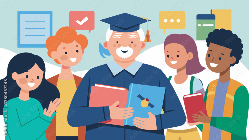 A senior student excitedly shares their class project with friends and family at a university showcase event.. Vector illustration A senior student excitedly shares their class project with friends and family at a university showcase event.. Vector illustration
