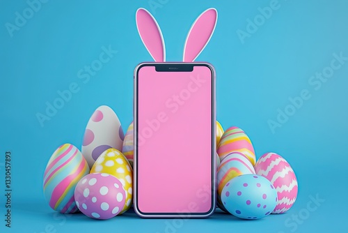 Creative Easter Phone Mockup with Bunny Ears and Festive Eggs