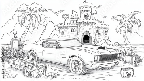 Fantasy Island: A Muscle Car Adventure on a Pirate's Cove Coloring Page