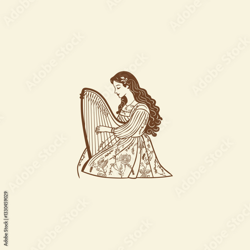 Medieval woman sitting playing harp music instrument design vector template illustration