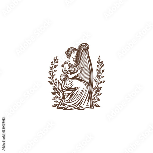 Medieval woman sitting playing harp music instrument design vector template illustration