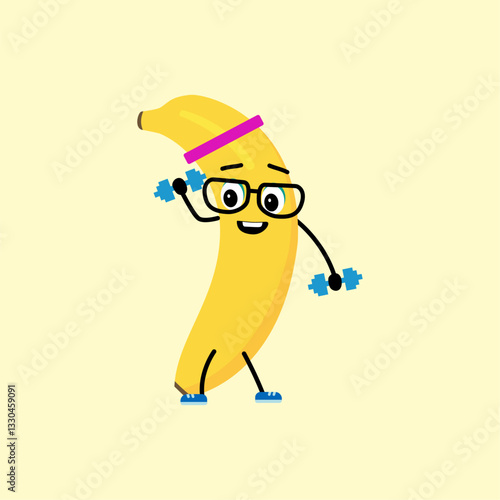 A cute, strong banana. The concept of classes in the gym with the image of banana illustration in flat style.
