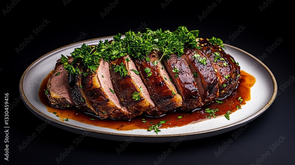 Sliced sauerbraten is presented on a plate with sauce and garnished with parsley against a dark background, showcasing its savory and juicy nature. Sliced sauerbraten is presented on a plate with sauce and garnished with parsley against a dark background, showcasing its savory and juicy nature.