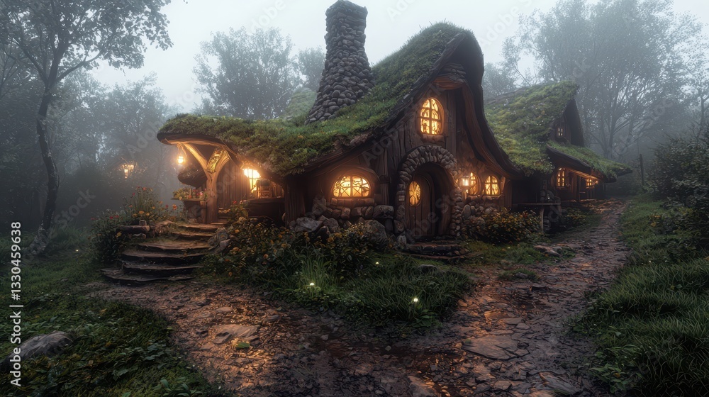 Obraz premium Enchanting Woodland Cottage with Mossy Roof and Glowing Windows in a Misty Forest at Twilight