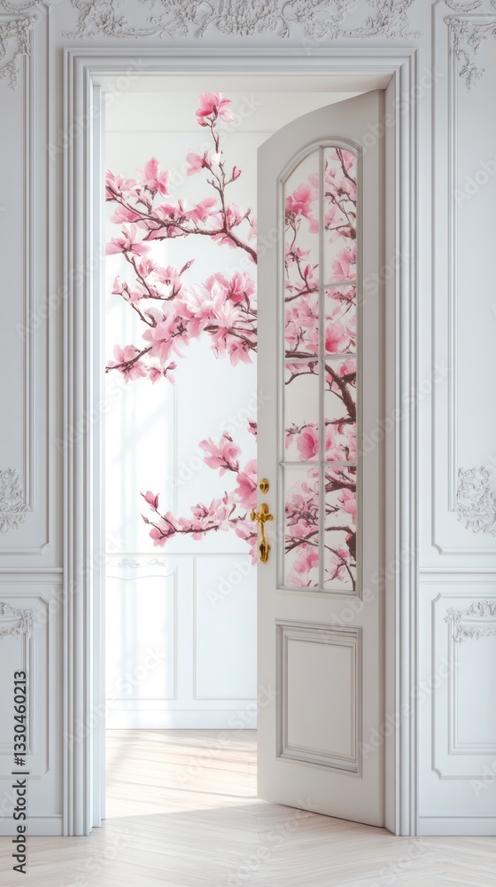 Fototapeta premium A decorative doorway with a view of blossoming pink flowers