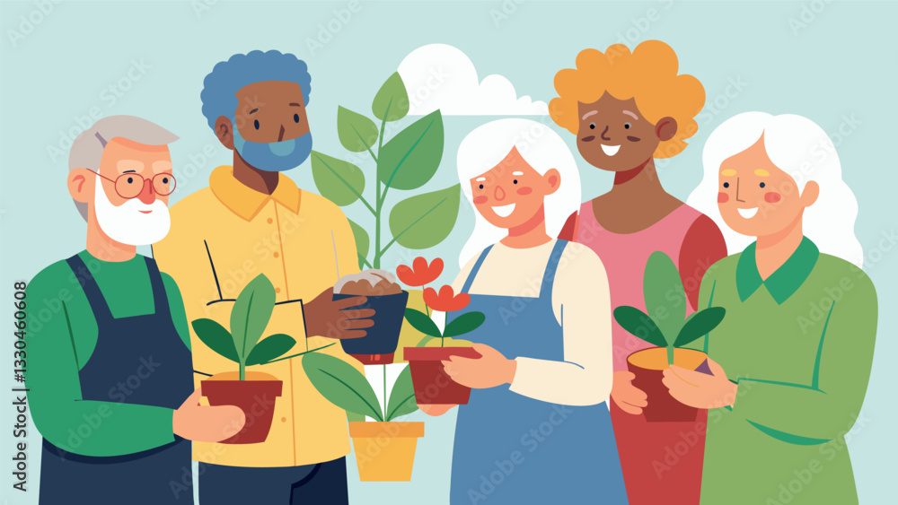 A group of retirees bonding over their love for gardening in a horticulture class at a lifelong learning institute.. Vector illustration A group of retirees bonding over their love for gardening in a horticulture class at a lifelong learning institute.. Vector illustration