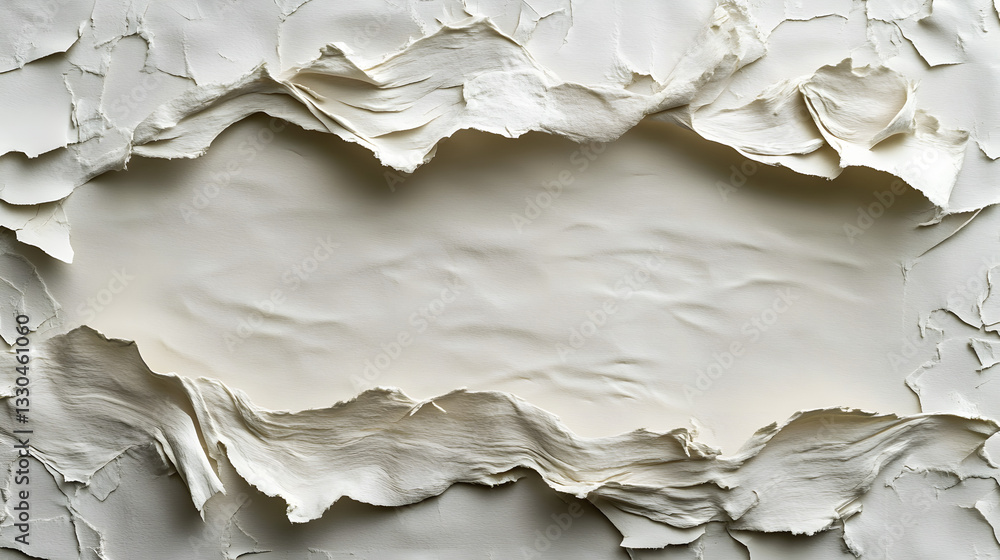 Obraz premium Dramatic Textured Background with Peeling Cracked White Paper Layers Revealing Subtle Beige Undertones for Abstract Art and Graphic Design Elements