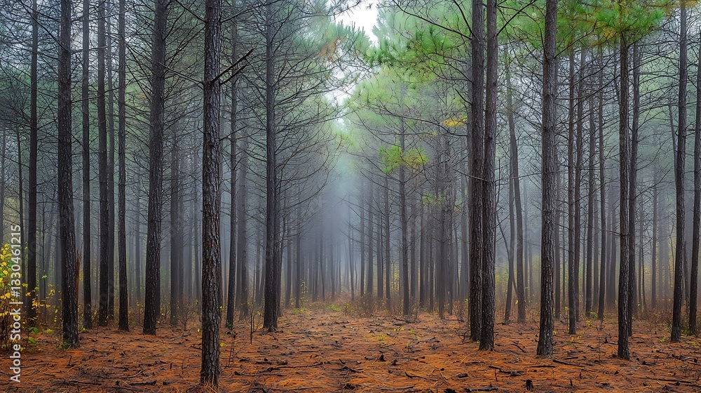 A misty morning in a pine forest with the trees shrouded in fog and the ground covered in fallen needles A misty morning in a pine forest with the trees shrouded in fog and the ground covered in fallen needles