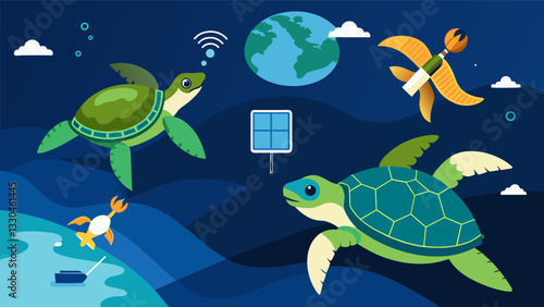 Conservationists are utilizing advanced satellite tracking devices to monitor the migration patterns of endangered sea turtles.. Vector illustration