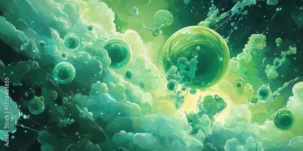 Fototapeta premium Green abstract clouds and spheres floating in space composition
