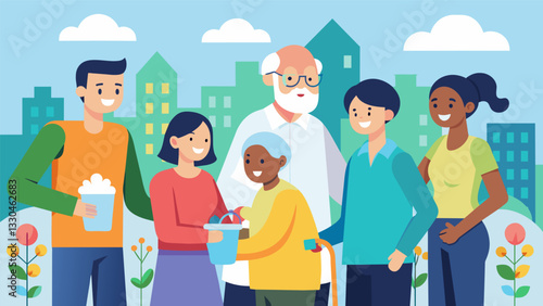 A citysponsored intergenerational volunteer program matching young residents with seniors in need of assistance with daily tasks promoting mutual understanding and support.. Vector illustration