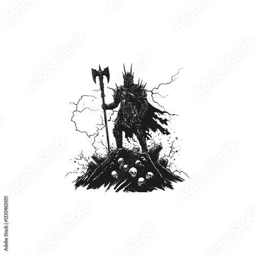 executioner standing on pile of scattered skulls design vector template illustration
