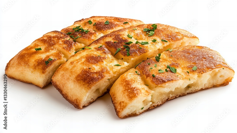 Slices of Spanish omelet are arranged on a white surface and garnished with chopped parsley, showcasing the golden crust and creamy filling. Slices of Spanish omelet are arranged on a white surface and garnished with chopped parsley, showcasing the golden crust and creamy filling.