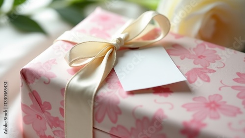 a beautifully wrapped Mother’s Day gift mockup with elegant floral-patterned wrapping paper in soft blush and ivory tones with blank tag