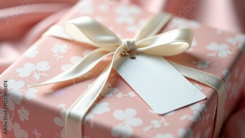 a beautifully wrapped Mother’s Day gift mockup with elegant floral-patterned wrapping paper in soft blush and ivory tones with blank tag