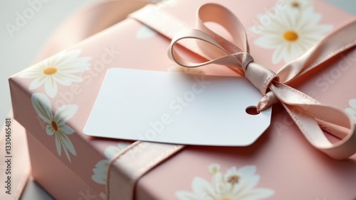 a beautifully wrapped Mother’s Day gift mockup with elegant floral-patterned wrapping paper in soft blush and ivory tones with blank tag