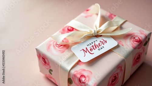 a beautifully wrapped Mother’s Day gift mockup with elegant floral-patterned wrapping paper in soft blush and ivory tones with blank tag