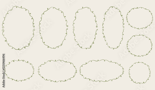 Hand drawn oval frames set. Chalk scribble wavy borders collection. Pencil texture doodle curly frame. Different sizes: wedding invitation, greeting card, postcard design. Vintage vector illustration