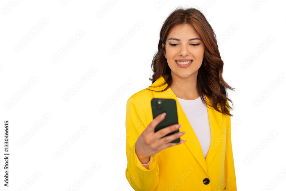 Smiling businesswoman using smartphone with transparent background Smiling businesswoman using smartphone with transparent background