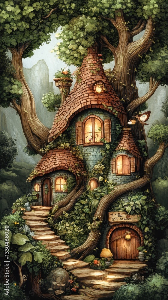 Fototapeta premium A quaint and lovely tree house cottage nestled within the forest