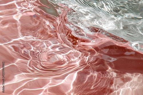 The background features fresh water with a delicate, gossamer pink design and a naturally rippled texture, captured from a top view and including copy space, ideal for cosmetic applications