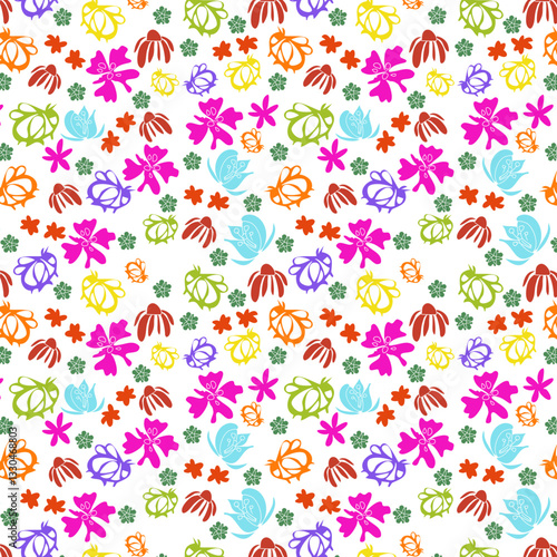 Pattern con fiori multicolore e api, sfondo allegro di primavera