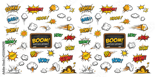 Comic cartoon boom speed effect a collection of comic-style elements featuring dynamic boom and speed effects, showcasing explosive motion lines. The set includes bursts, smoke clouds, and rapid line 