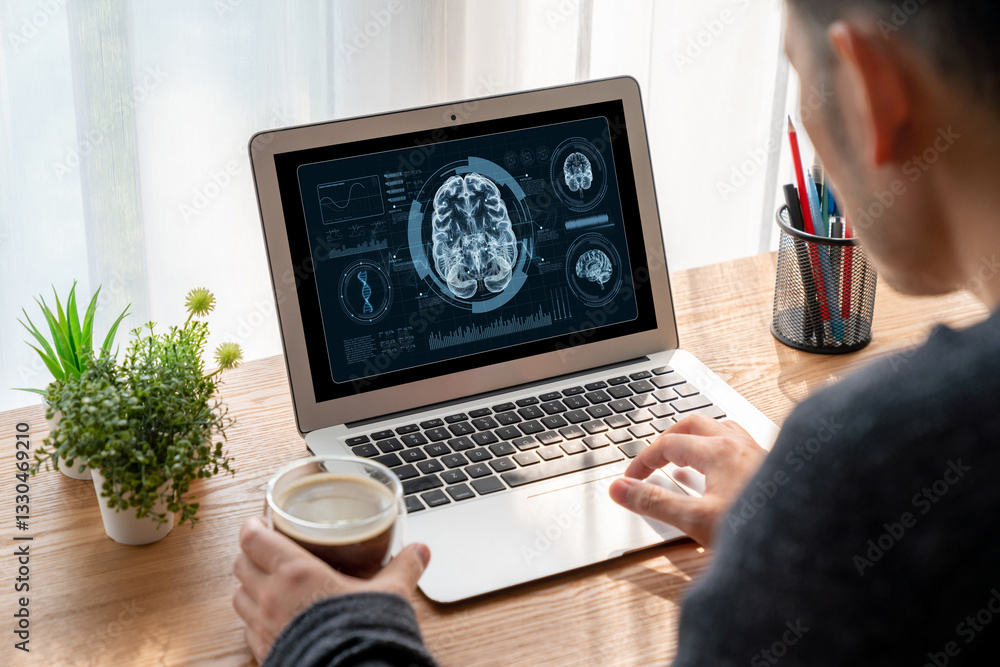 Fototapeta premium Medical science technology and futuristic healthcare virtual computer software analyze human health and diagnose disease for doctor data and medical research. brisk