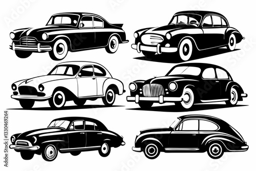 vintage classic car set line art silhouette vector illustration