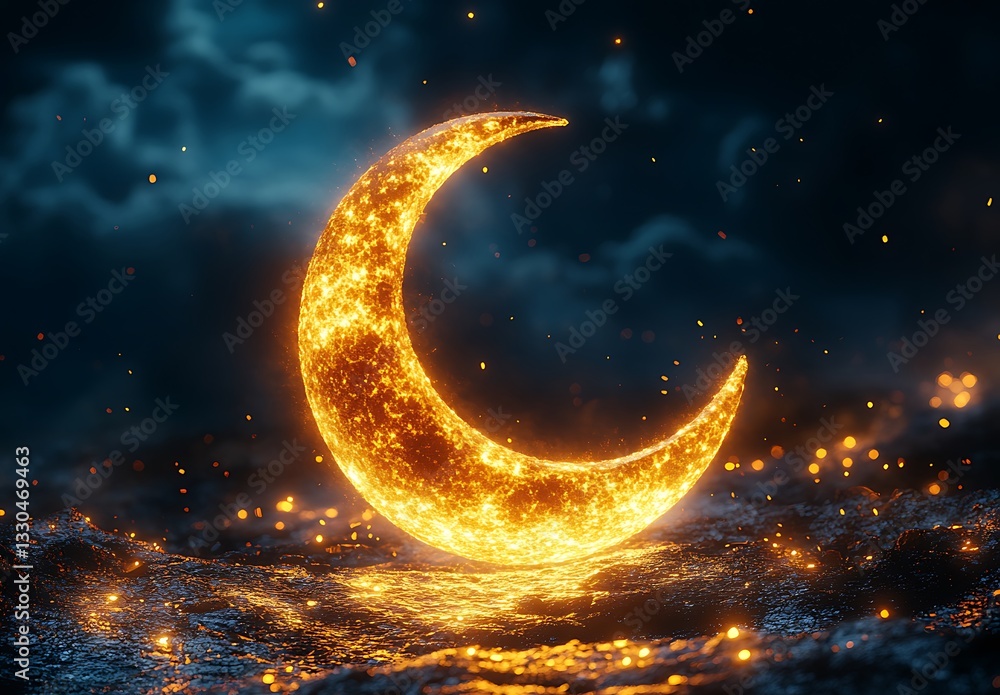 Fototapeta premium Glowing Golden Crescent Moon with Sparkling Particles Against a Dark Cloudy Sky