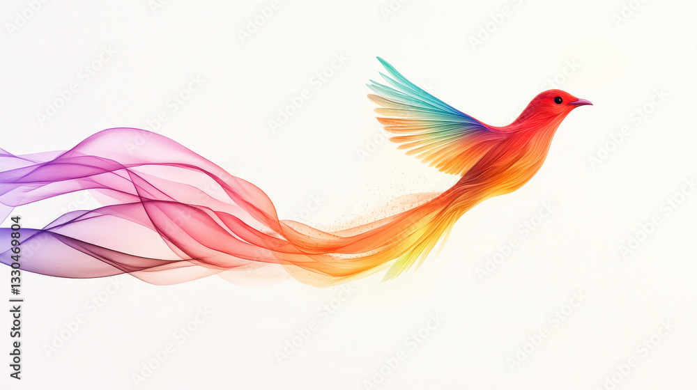 Fototapeta premium A minimalistic surreal illustration of a bird releasing ribbons of Pride hues instead of feathers, drifting in a clean white space