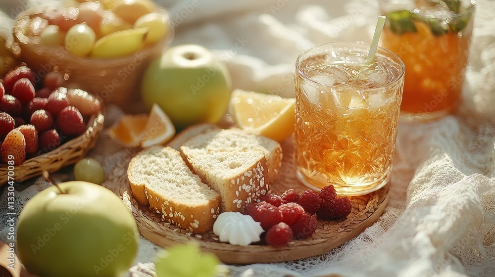 Colorful fruit spread with refreshing drinks on a sunny table during a summer gathering