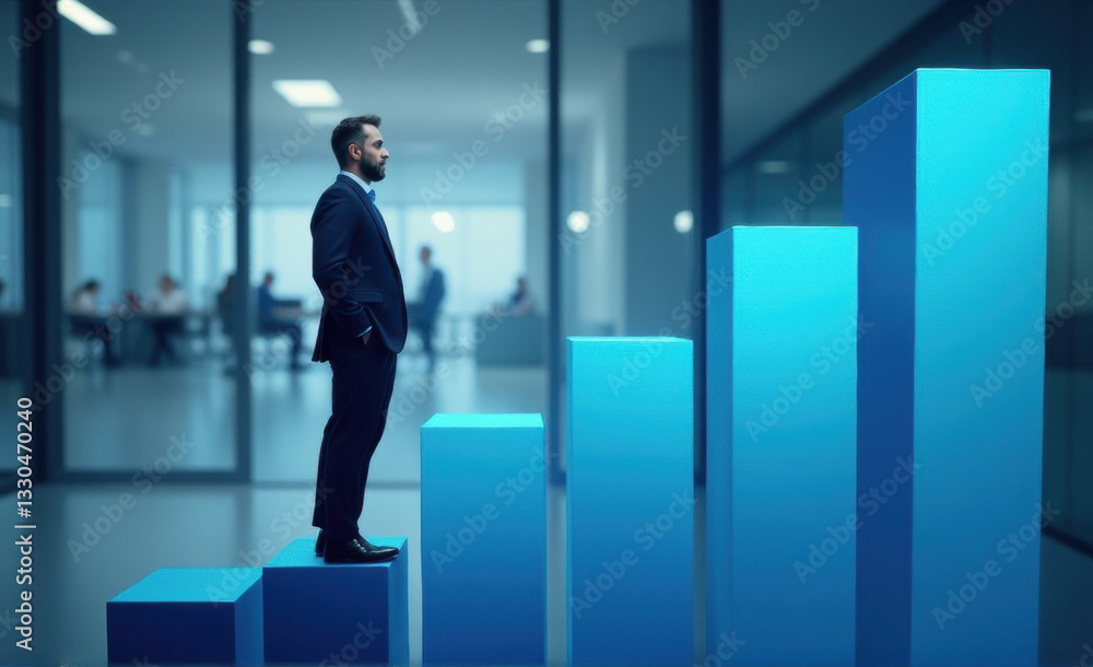 business man standing on graph bar business man standing on graph bar