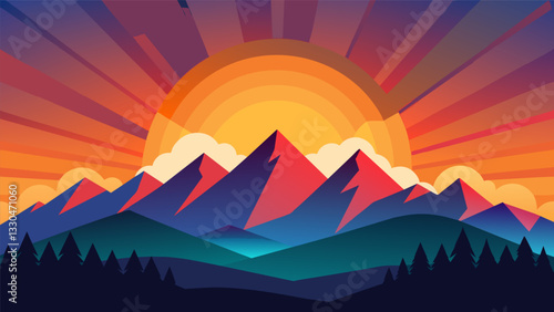 A vibrant sunrise over a mountain range symbolizing new beginnings and fresh perspectives.. Vector illustration