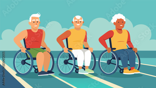 A group of elderly men with varying physical disabilities sitting in a row with their hands on their racing wheelchairs at a track event.. Vector illustration