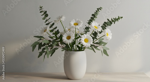 Wallpaper Mural A modern Scandinavian-inspired floral arrangement featuring daisies and eucalyptus leaves. Torontodigital.ca