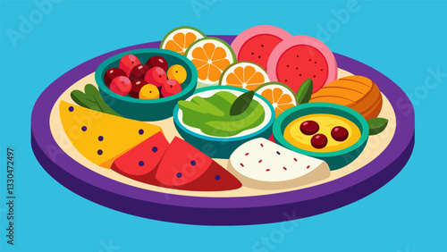 A vibrant mezze platter showcasing a colorful array of Mediterranean dips crackers and olives.. Vector illustration