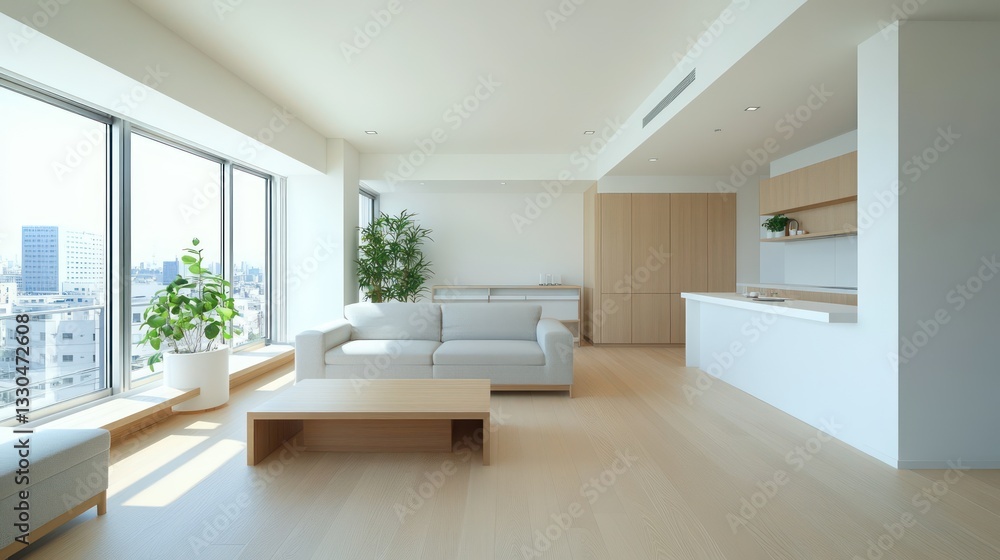 Fototapeta premium A spacious, minimalist living room and kitchen with off-white walls and light wood floors