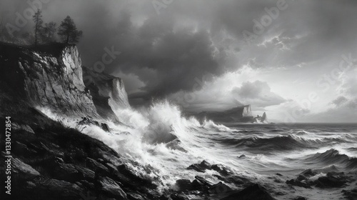 A dramatic cliff overlooking a stormy sea, dark and intense 