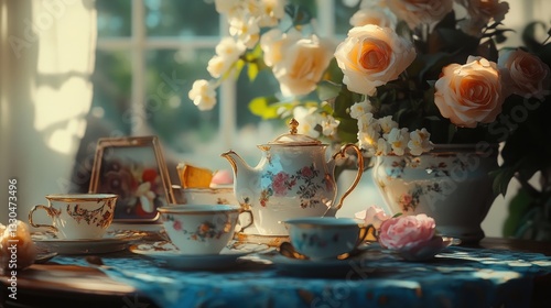 Wallpaper Mural A picturesque afternoon tea setup with teacups and floral arrangements, exuding warmth and hospitality Torontodigital.ca