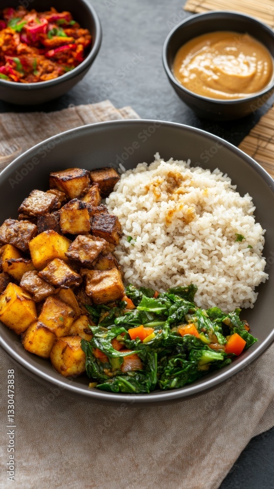 Delicious Ugandan matoke served with rich peanut sauce and fresh sauteed vegetables on a vibrant textile backdrop