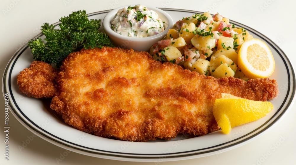 Golden crispy German schnitzel served with potato salad, lemon wedges, and parsley in a traditional Bavarian setting Golden crispy German schnitzel served with potato salad, lemon wedges, and parsley in a traditional Bavarian setting
