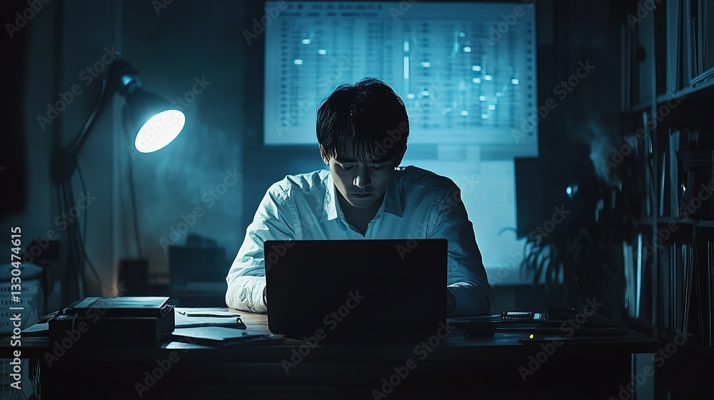Professional Working Late at Night on Laptop in Minimalist Office Professional Working Late at Night on Laptop in Minimalist Office