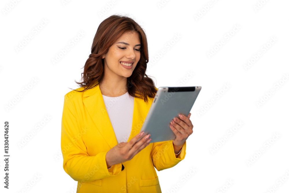 Smiling businesswoman using digital tablet with transparent background Smiling businesswoman using digital tablet with transparent background