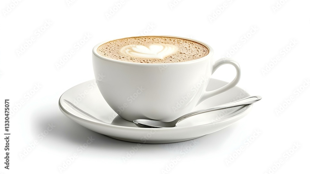 cup of cappuccino with saucer and spoon floating cup of cappuccino with saucer and spoon floating