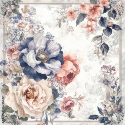Exquisite floral print design, featuring a variety of pastel and muted tones of roses, peonies and other flowers