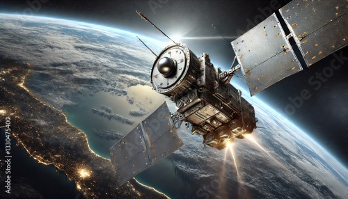 Advanced Military Combat Satellite in Earth's Orbit with Laser and Electronic Warfare Systems, Conducting Real-Time Surveillance: High-Resolution Space Defense Technology