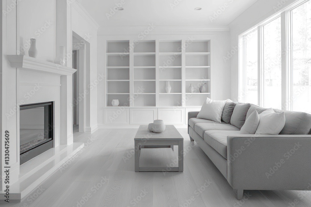 Modern minimalist living room with built-in shelves, fireplace, and sofa. Modern minimalist living room with built-in shelves, fireplace, and sofa.