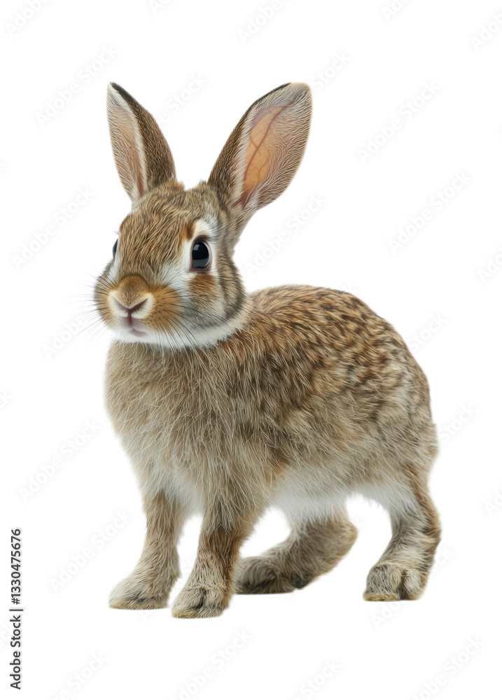 Obraz premium Adorable Brown Wild Cottontail Rabbit with Long Ears Standing in Alert Pose Natural Wildlife Photography Isolated on Transparent and White Background